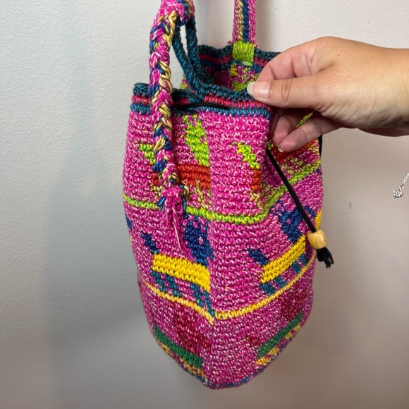 Wayuu Woven Bucket Bag Purse Pink Yellow Wood Bead Animal Print Cinch Close Boho - Picture 9 of 13